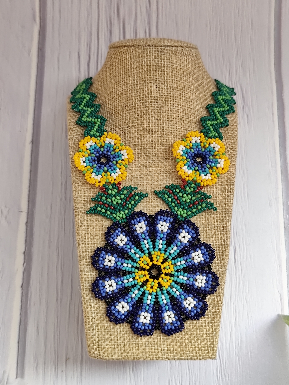 Handmade Beaded Floral Statement Necklace in Blue, Yellow & Green